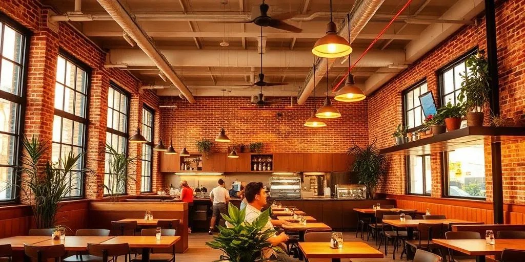Restaurante casual moderno com cozinha aberta