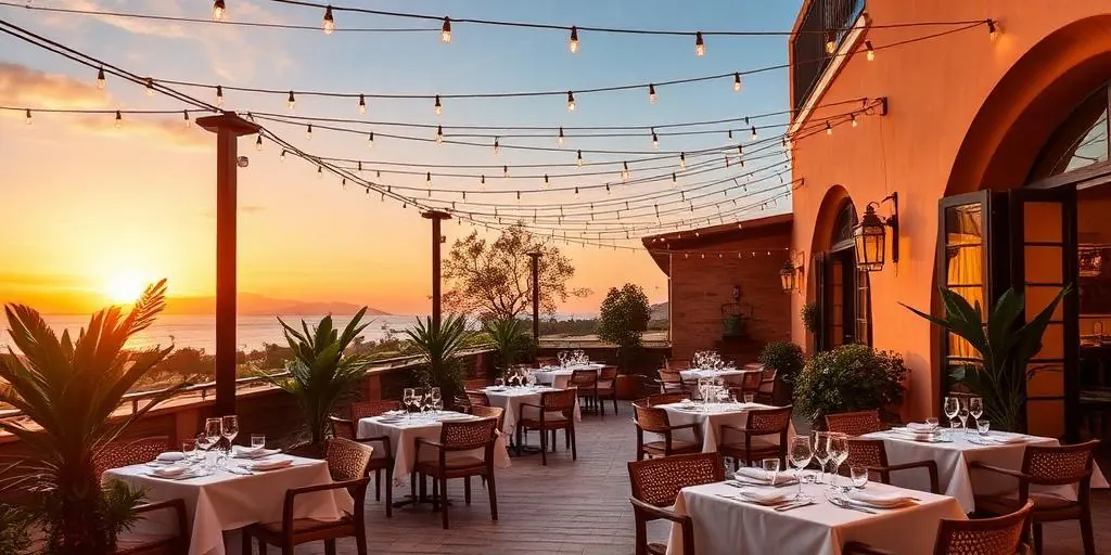 Esplanada ao pôr do sol com luzes ambiente